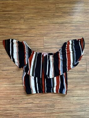 feathers Off-Shoulder Striped Crop Top in Black, Rust & Olive size medium